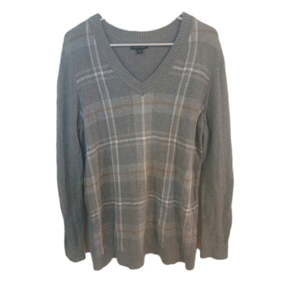 Tommy Hilfiger Women's Cotton Wool Blend Sweater Size XL Pullover Gray Plaid - Picture 1 of 4